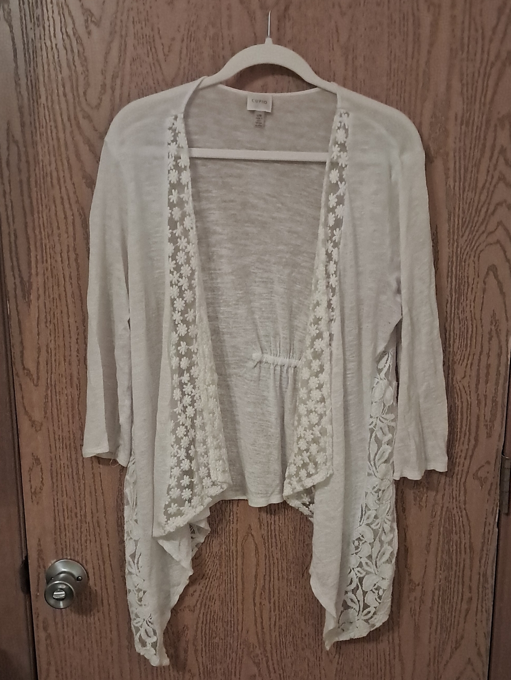Cupio Cream Lace-Trim Open Front Cardigan Large
